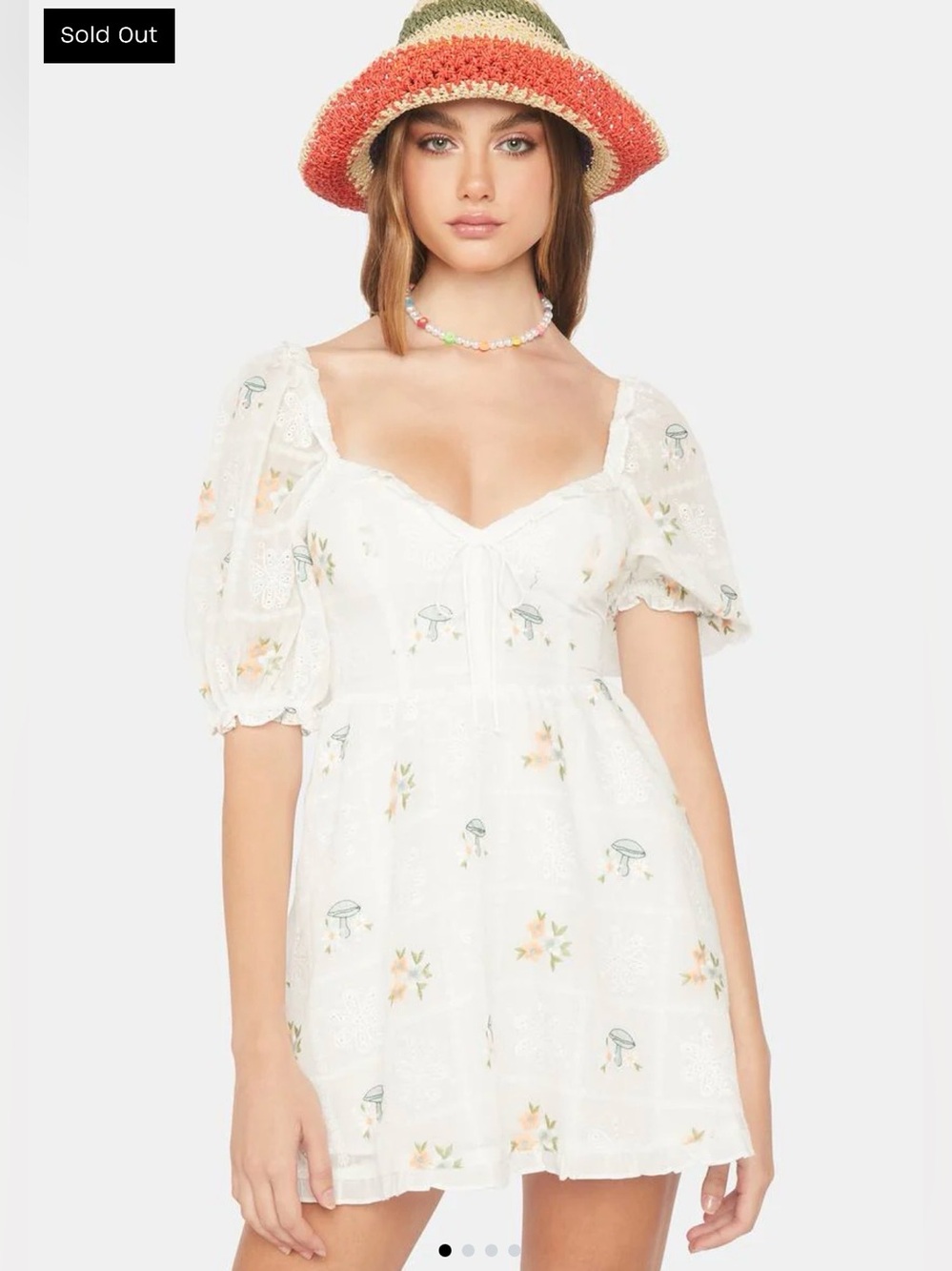 FOR LOVE & LEMONS Yolanda Puff Sleeve Mushroom Embroidered Mini Dress Medium